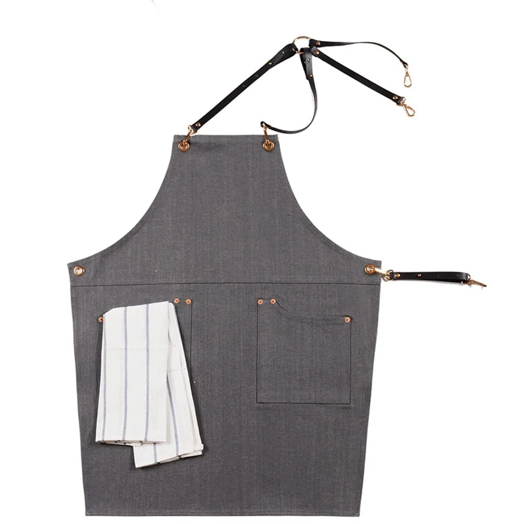 SSDD Gray Denim Doble Strap Strap Delantal Barista Barber Trabajo Ropa Occidental Restaurante Internet Cafe Floral Delantal (Color : Gray-a, Size : L)