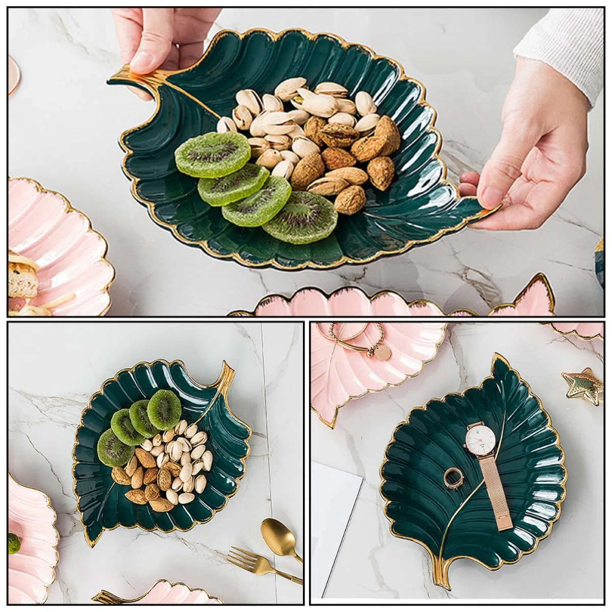 Bandeja Decorativa Diseño de Hoja de Cerámica Verde Borde Dorado para Joyas y Postres, Adecuada para Escritorio y Ambientación del Hogar