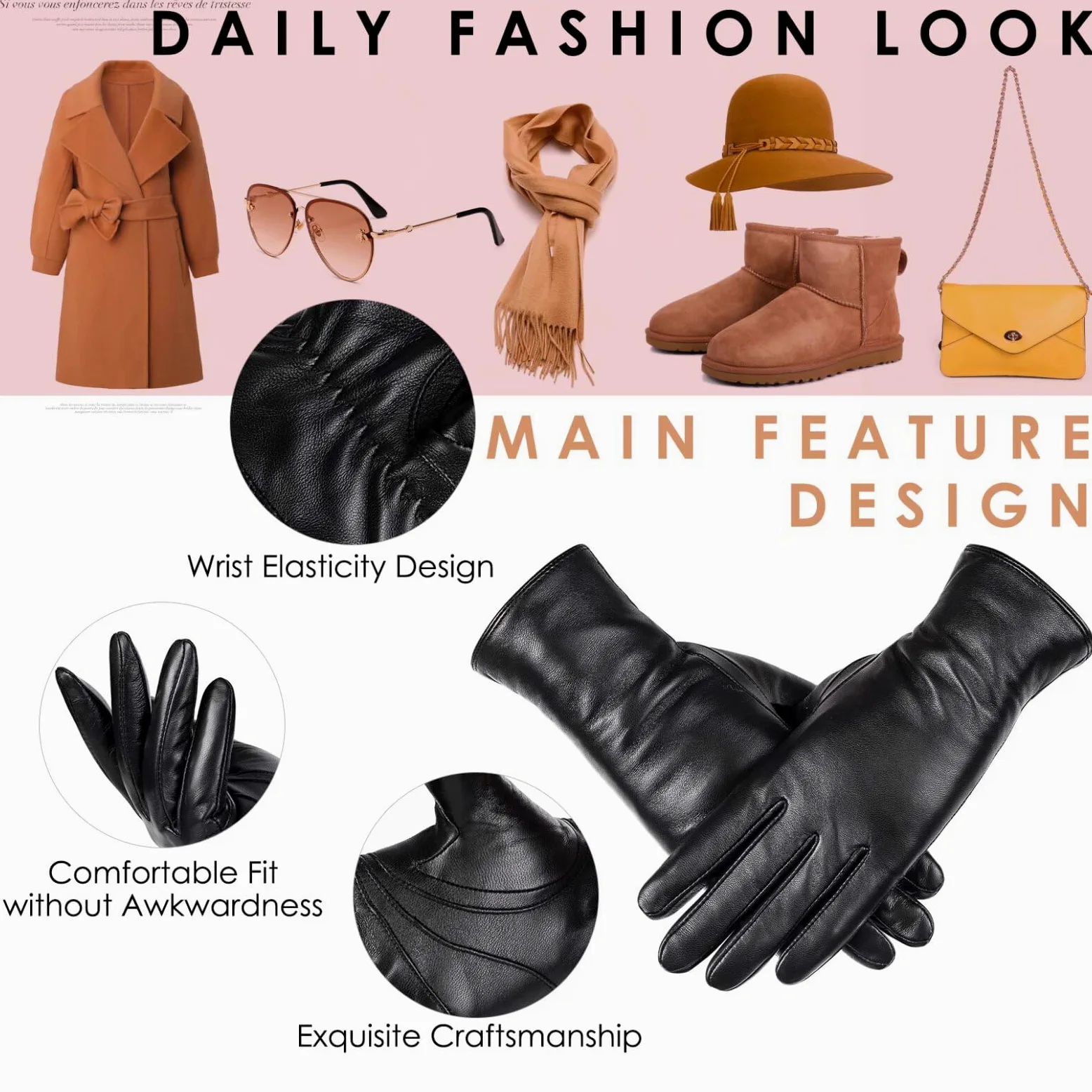 Guantes de piel de oveja de invierno para mujer, moda para conducir, pantalla táctil, con forro térmico de cachemira, Negro, Large