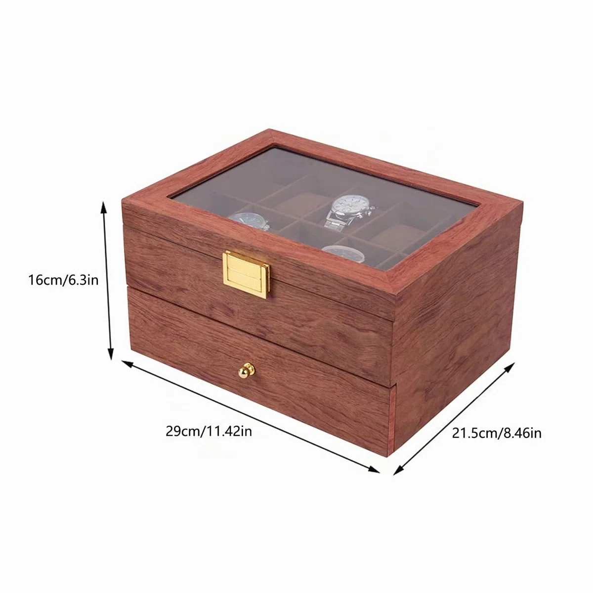 Caja para relojes con 20 compartimentos, caja de madera con tapa transparente, 29 x 21,5 x 16 cm, joyero para niñas, para relojes y joyas, regalo