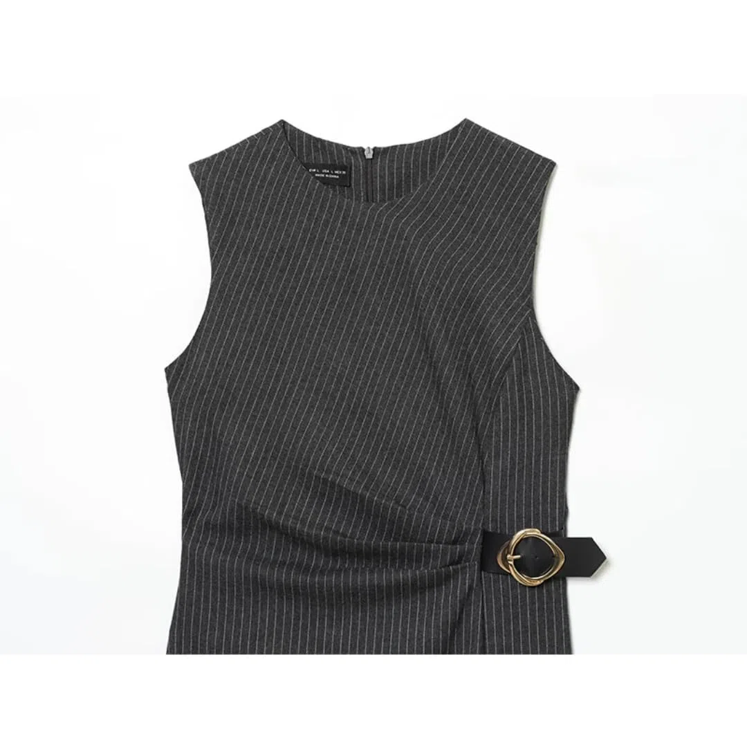 Vestido sin Mangas para Mujer, decoración de Hebilla de Moda, Vestidos Largos con Cuello de O Cuello Fruncido, Vestidos Midi Ajustados para Mujer