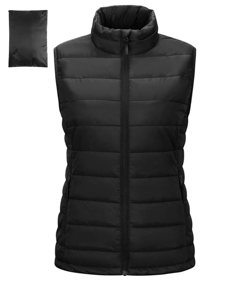 Outdoor Ventures Chaleco acolchado para mujer, chaleco de entretiempo plegable, chaleco deportivo híbrido con forro para mujer, cálido, chaleco de ciclismo con cuello alto para senderismo, camping