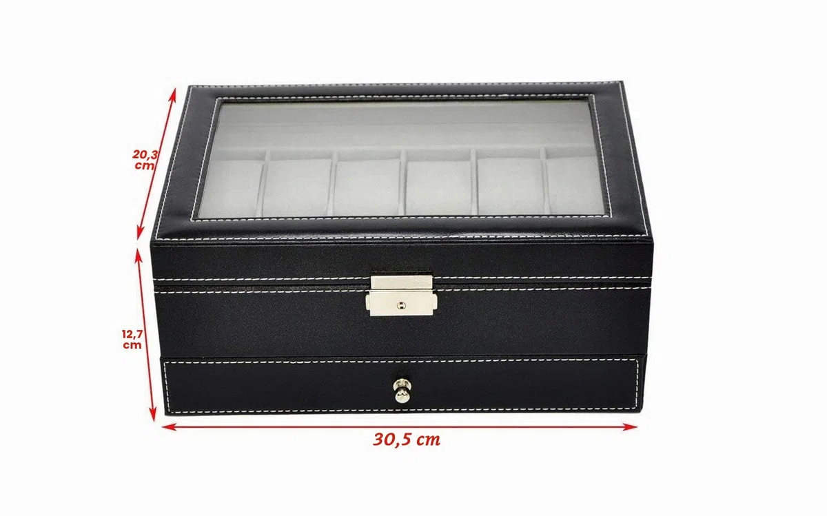 AUTOARK Caja para de relojes con 12 Compartimientos,Cajón joyería con cerradura,Cuero sintético,Tapa de Vidrio,Negro,AW-001