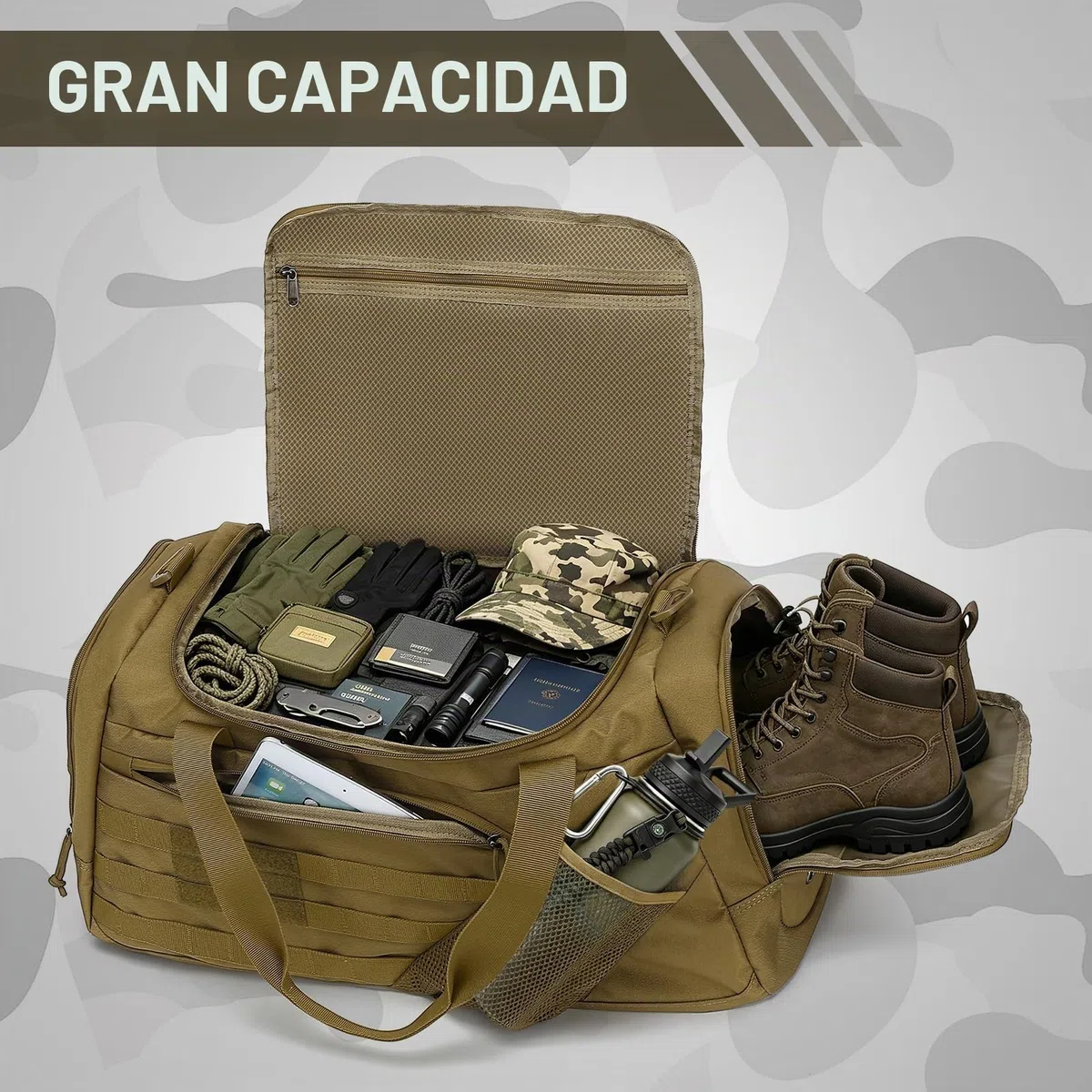45L Bolsa Viaje Hombre 3 en 1 Bolsa Deporte Táctica para Gimnasio con Compartimento Zapatos, Bolsillo húmedo y Función de Mochila para Camping, Viajes, Fin de Semana, Marrón