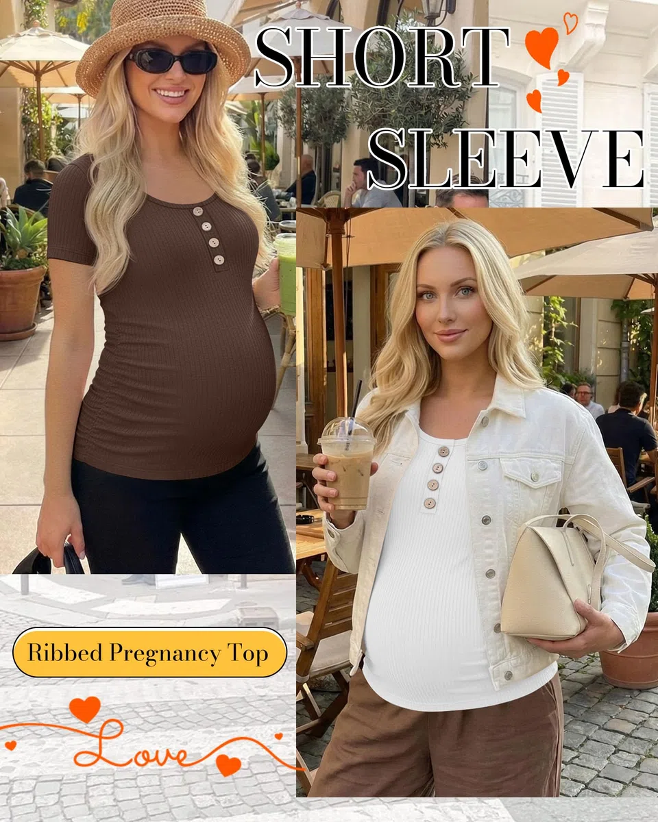 Xuniea Paquete de 4 Camisetas de Maternidad para Mujer, Manga Corta, Algodón Acanalado, Estilo Henley, con Fruncido Lateral
