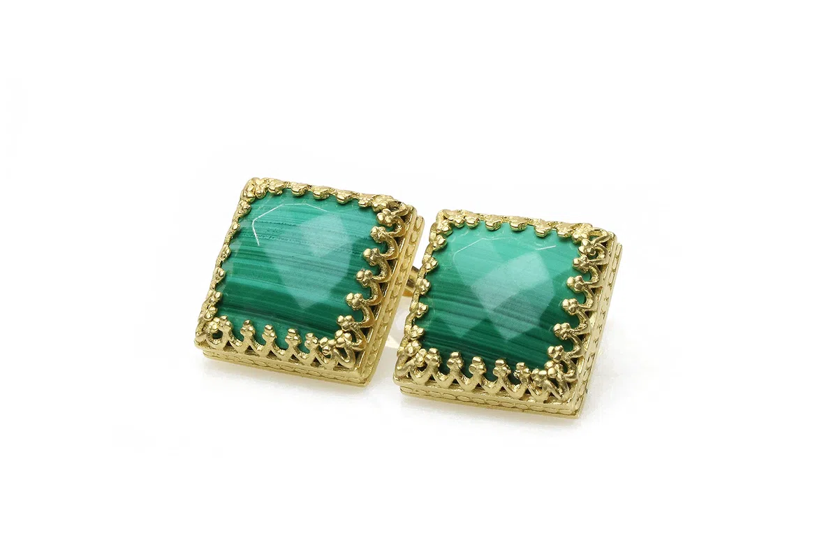 Pendientes de Malaquita para Mujer - Lujosos Pendientes Cuadrados de Oro 14k - Joyas Hechas a Mano para Bodas, Fiestas, Casual, Regalos de Pendientes para Mamá, Hermana, Hija, Esposa