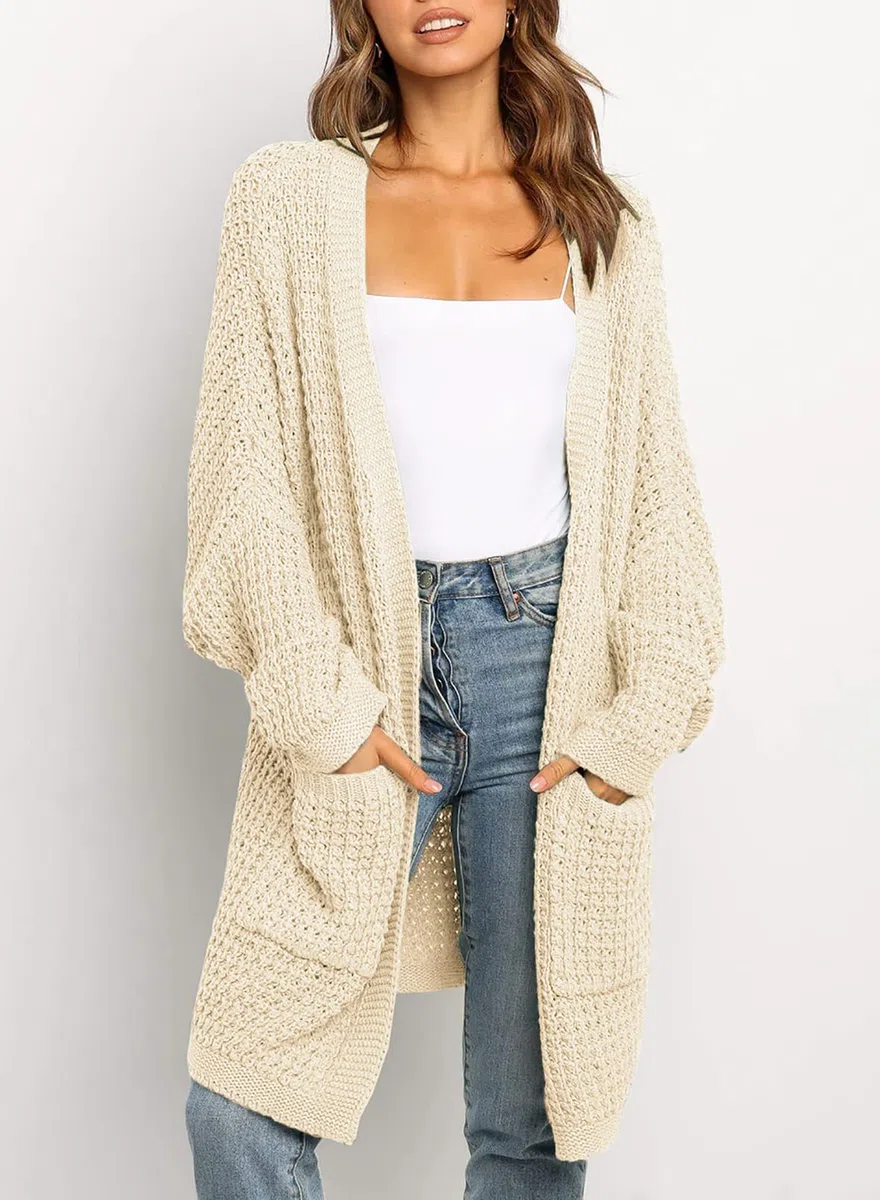 Uusollecy Cardigan Mujer Larga Chaqueta Punto Grueso Monocolor para Otoño e Invierno Abrigo Informal con Bolsillo