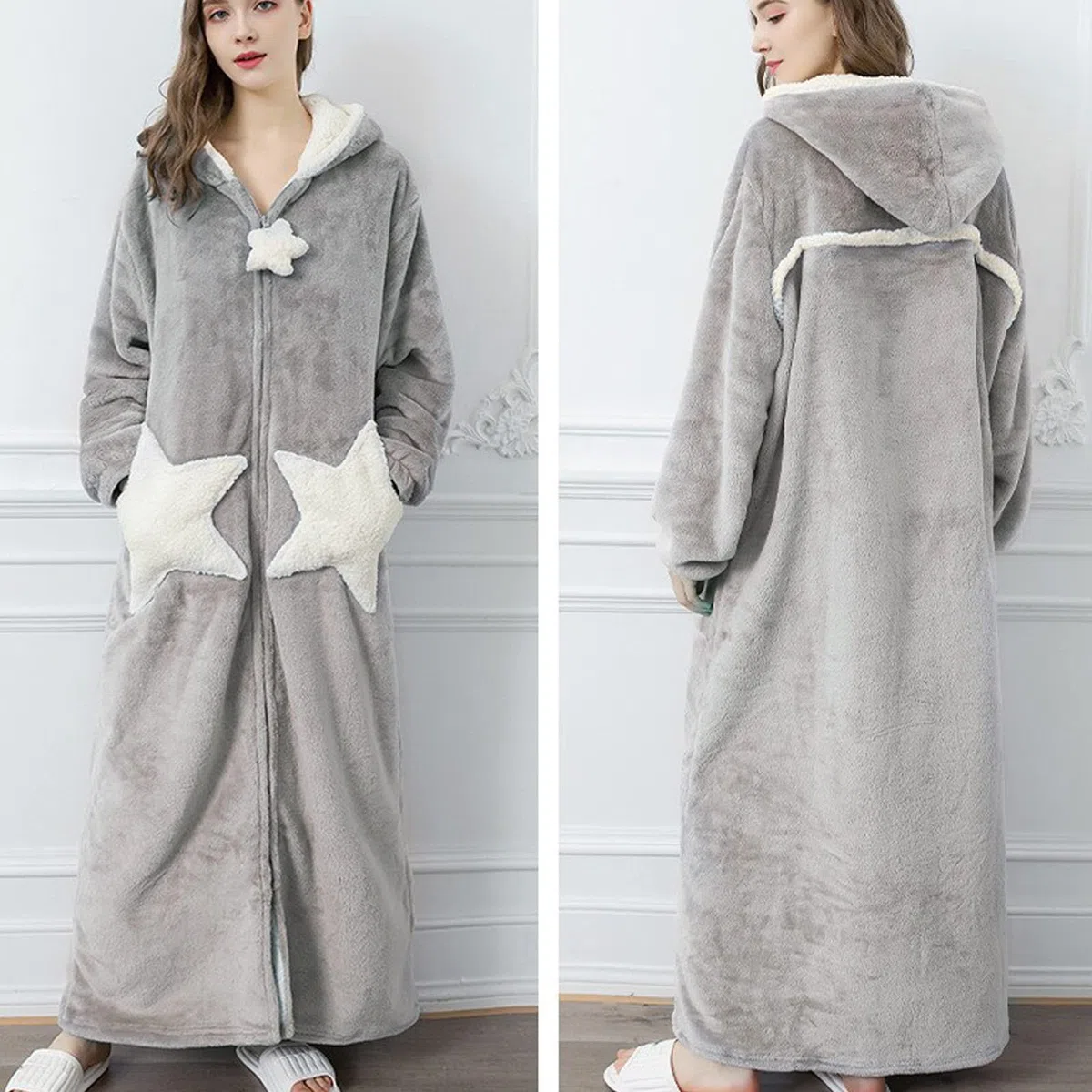 Bata larga de forro polar para mujer, albornoz de franela de forro polar para invierno, cárdigan grueso, kimono de felpa, bonito abrigo, bata de baño, camisón con cremallera, ropa de dormir