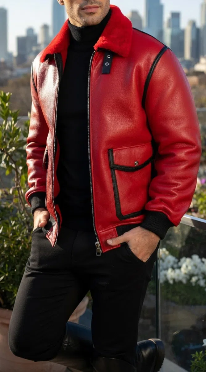 Chaqueta bomber de aviador de cuero rojo para hombre, cuello de piel sintética de oveja estilo B3