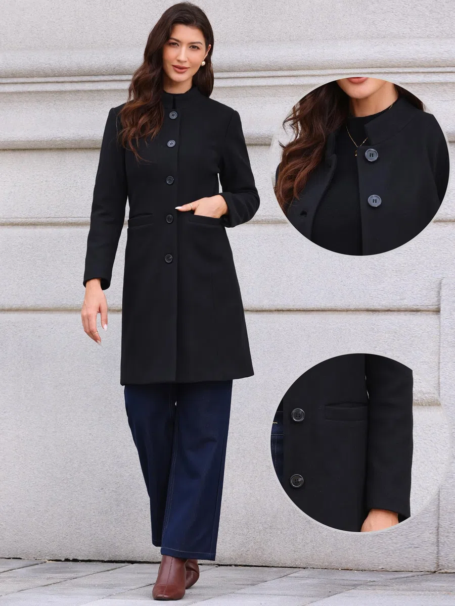 Allegra K Abrigo Medio con Cuello Alto para Mujer de Invierno de Botonadura Sencilla para Desplazamientos Diarios