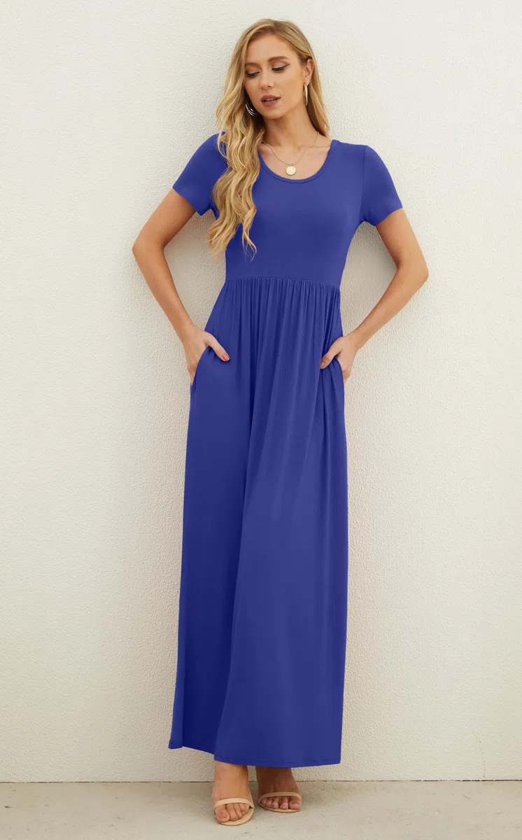 GRECERELLE Womens Summer Maxi Dress Boho Floral Cocktail Midi Polka Dot Wrap Dresses V Neck Casual Party Bohemian Flowy Long Dress for Ladies | Vestido largo casual de manga corta con cuello en V y bolsillo