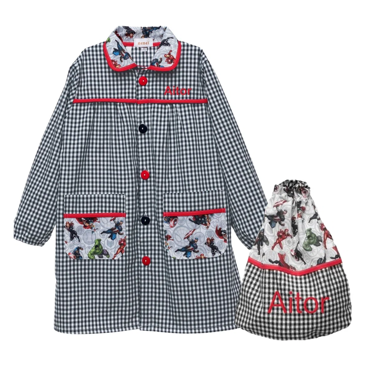 Conjunto Escolar para Colegio o guardería: Mandilón, babi o Bata Escolar + Bolsa merienda Bordado con el Nombre. Modelo Marvel – Nenel (1-2 años, Negro/Rojo)