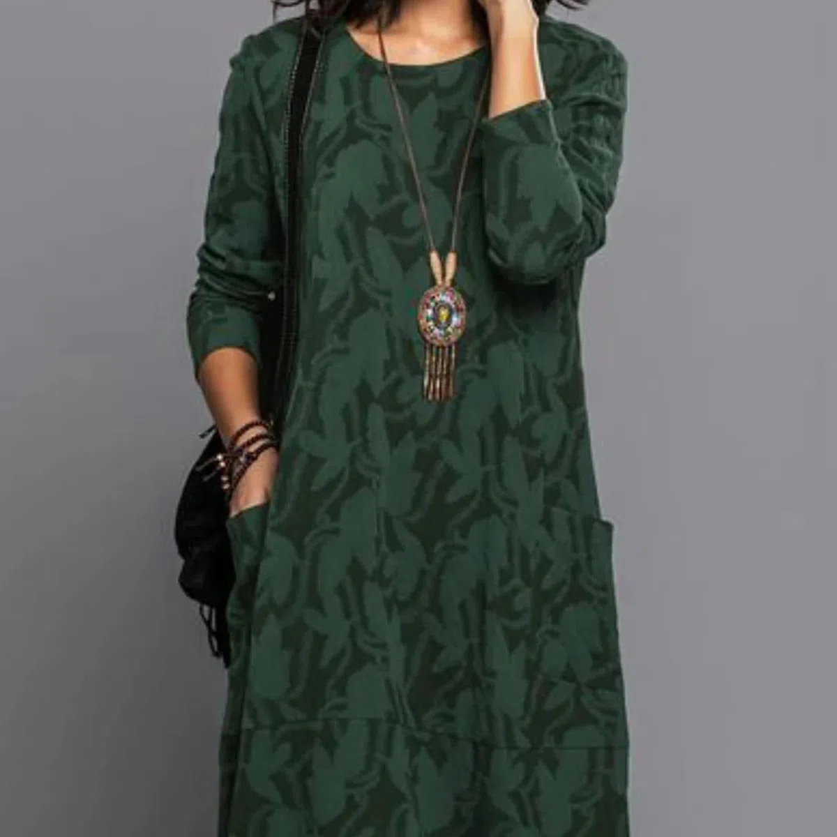 Vestido midi floral de manga larga con cuello redondo, para primavera y otoño, vestido suelto a media pantorrilla con bolsillos laterales, elegante atuendo con estampado floral para mujer, uso diario
