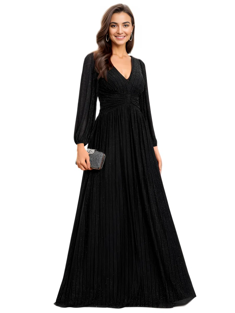 Ever-Pretty Vestido formal de noche para mujer, manga larga, cuello en V, plisado, cintura imperio, longitud hasta el suelo, talla grande