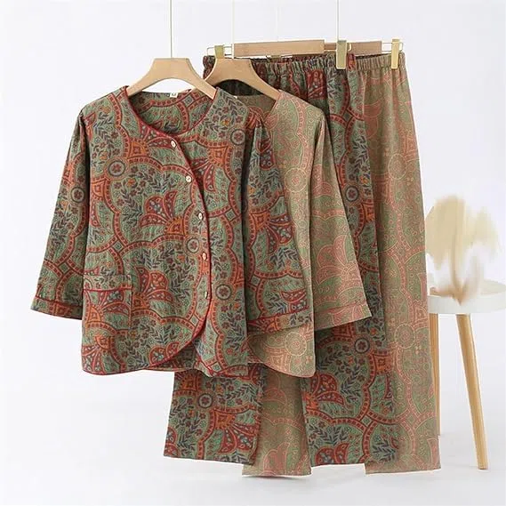 Women Sleepwear Vintage Jacquard Round Neck Button Cotton Loungewear Set, Long Sleeve Cotton Sleepwear