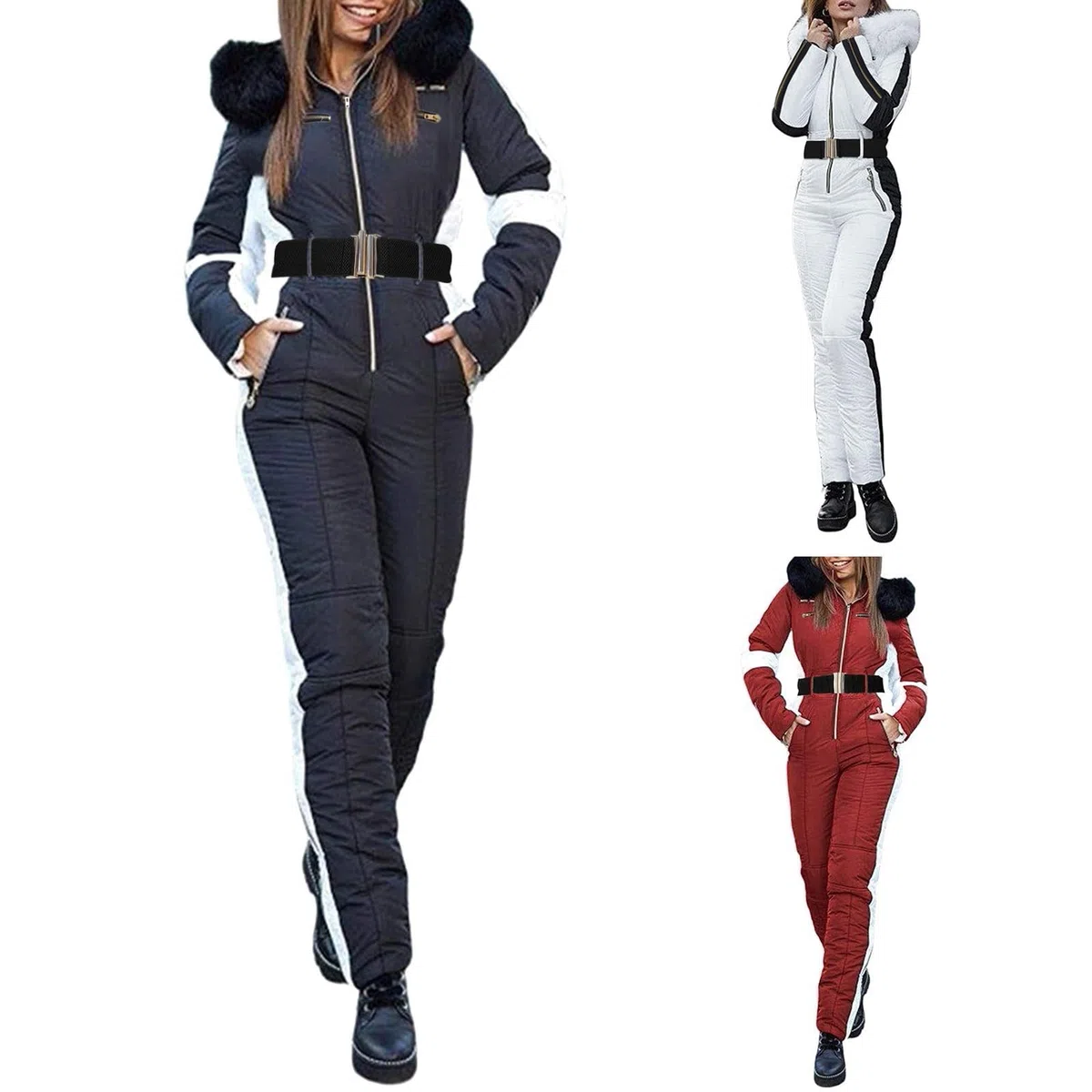 Traje de nieve para mujer de invierno – Traje de esquí mono de esquí de una sola pieza para esquiar conjuntos de esquí al aire libre mono de nieve con capucha cremallera resistente al viento