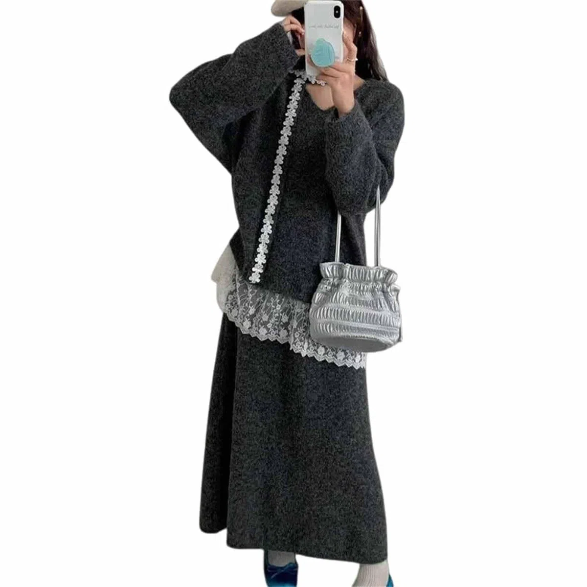 Elegante conjunto de suéter de punto y falda larga para temporada otoño invierno atuendo informal femenino