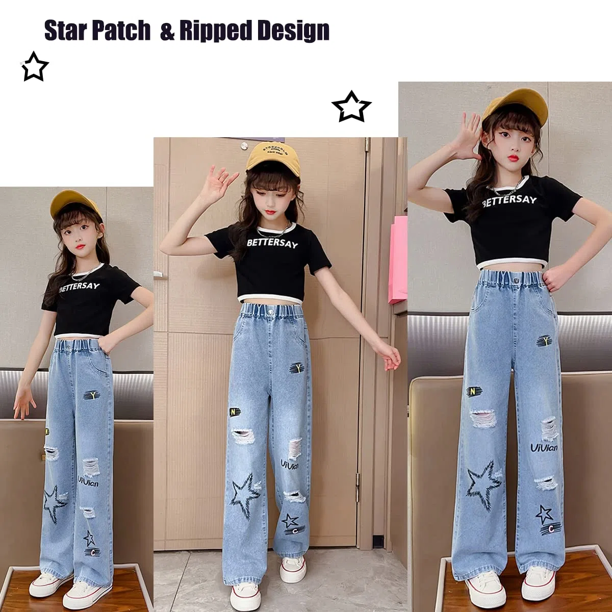 Jeans rasgados para niñas y niñas, cintura elástica, pierna ancha, holgados, talla 5-14 años