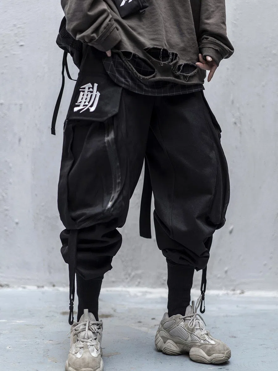 Yujun Japonés Streetwear Techwear Pantalones de Carga para Hombres Baggy Wide Black Jogger