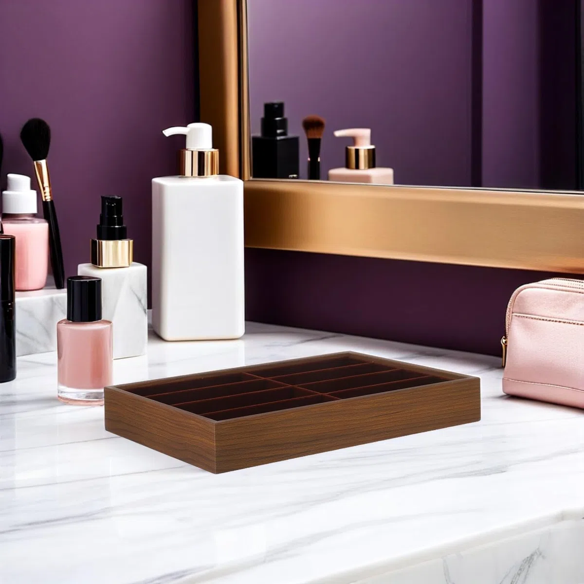 Bandeja Organizadora para Gafas 8 Compartimentos en Madera Nogal Piel, Estuche sin Tapa para Almacenamiento de Gafas de Sol y Exhibición de Joyas, Soporte Multiusos para Hogar