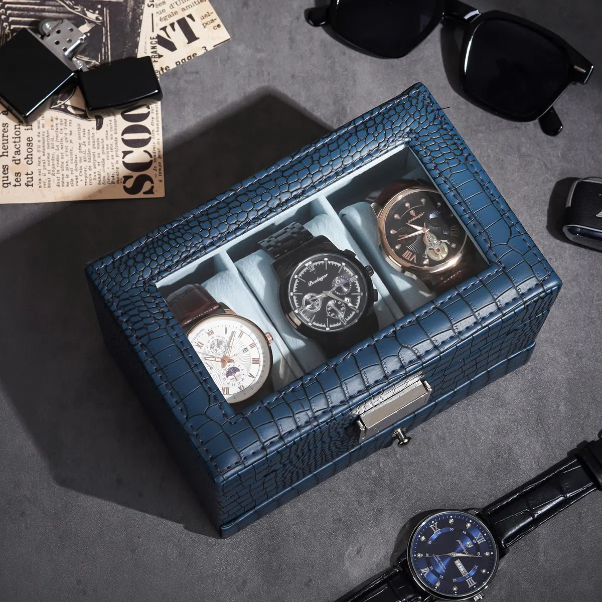 Caja para relojes para hombre, estuche de exhibición de 3 ranuras con cajón, estuche para relojes de hombre con tapa de cristal, organizador de almacenamiento de joyas y relojes de 2 capas p