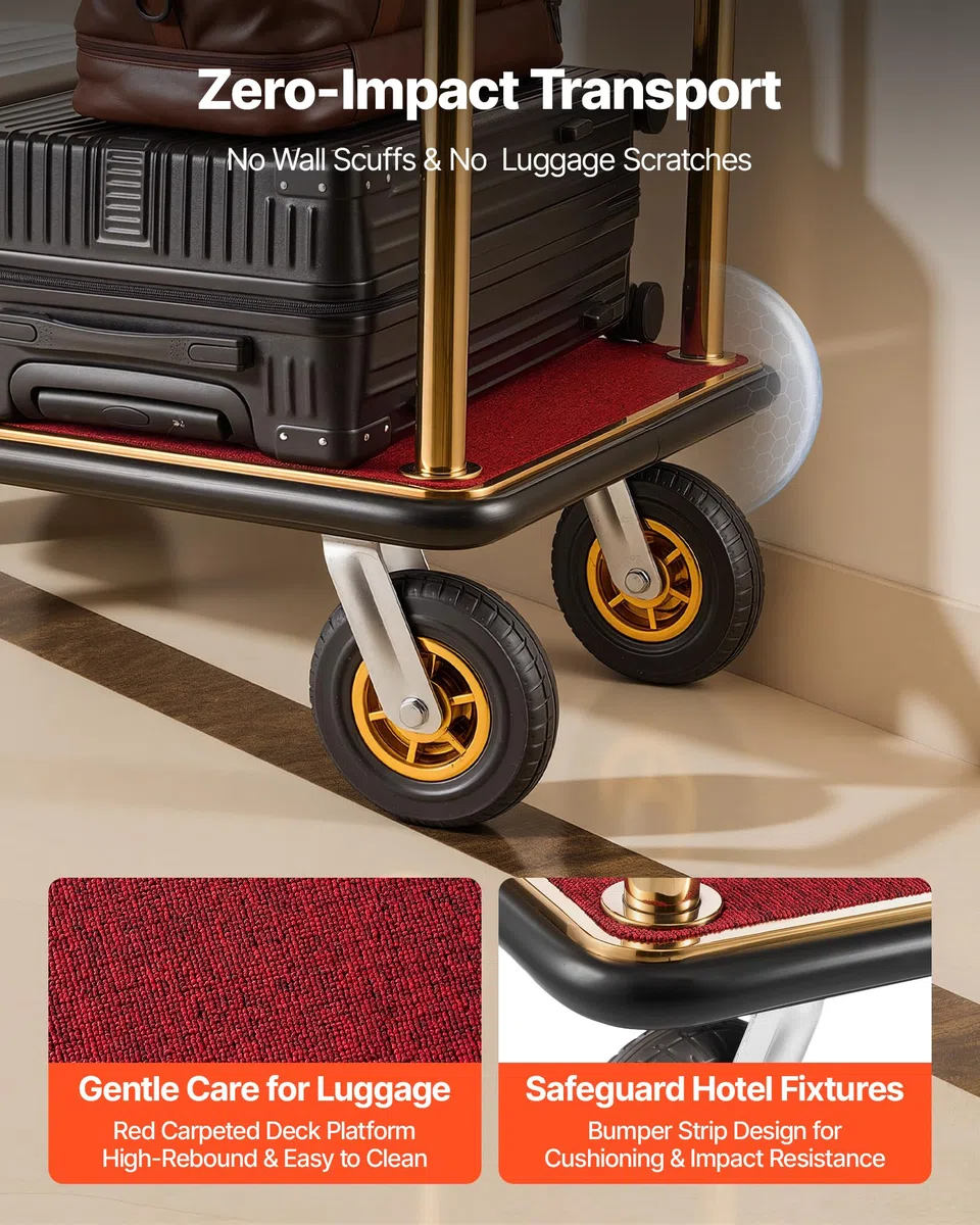 VEVOR Carrito de Transporte para Hotel, Carro de Equipaje con Barra para Colgar de Acero Inoxidable con Plataforma Roja de 1080 x 640 mm, Capacidad 544 kg con Ruedas de Goma para Resorts Recepciones