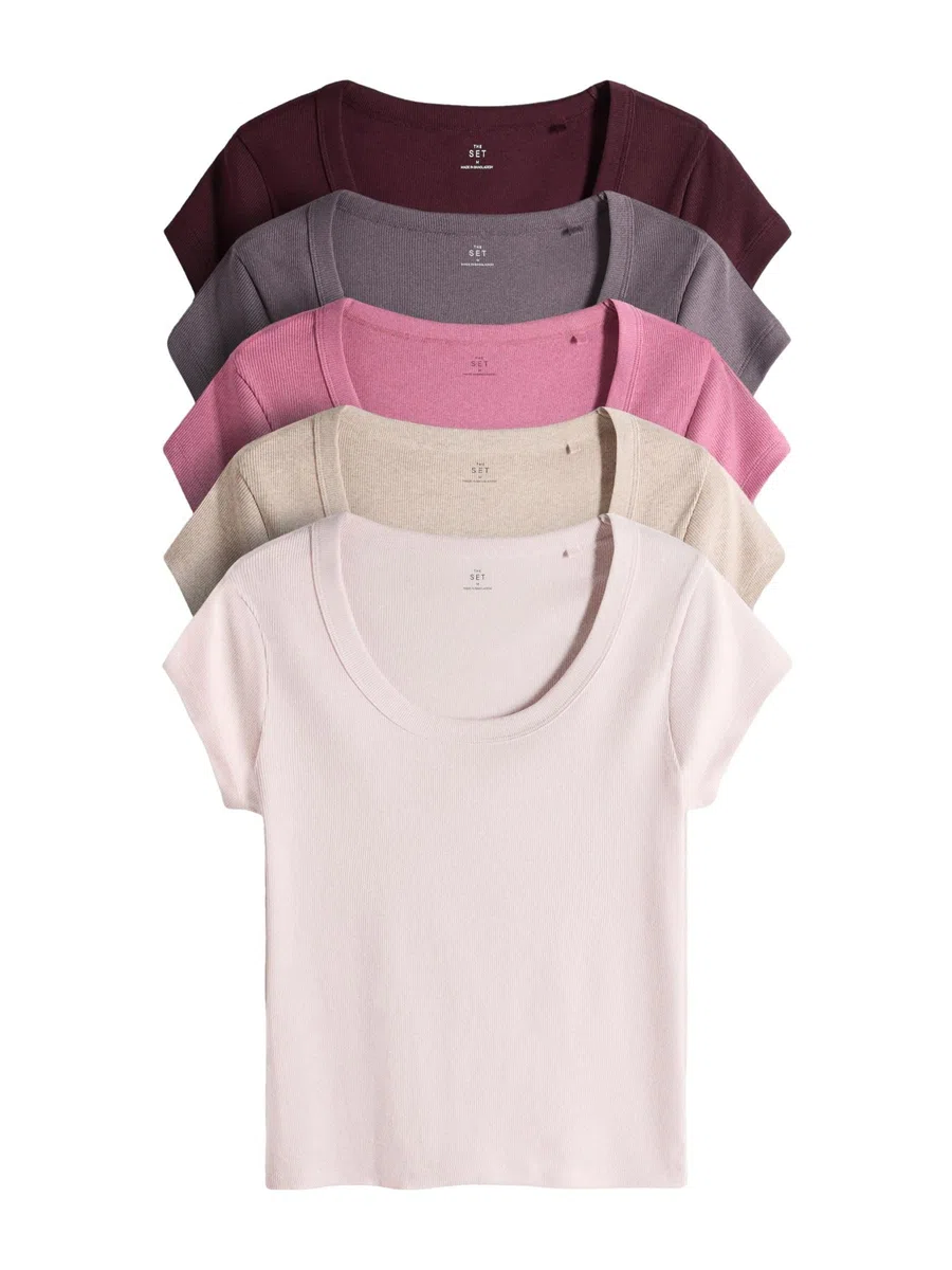THE SET Mujeres Pack de 5 Camisetas de canalé con Mangas japonesas y Cuello Redondo
