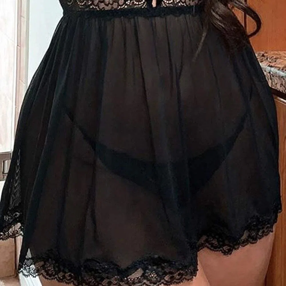 Camisón de Malla Transparente con Tanga de Encaje Calado, camisón sin Mangas, Ropa de Dormir Transparente (Negro L) S