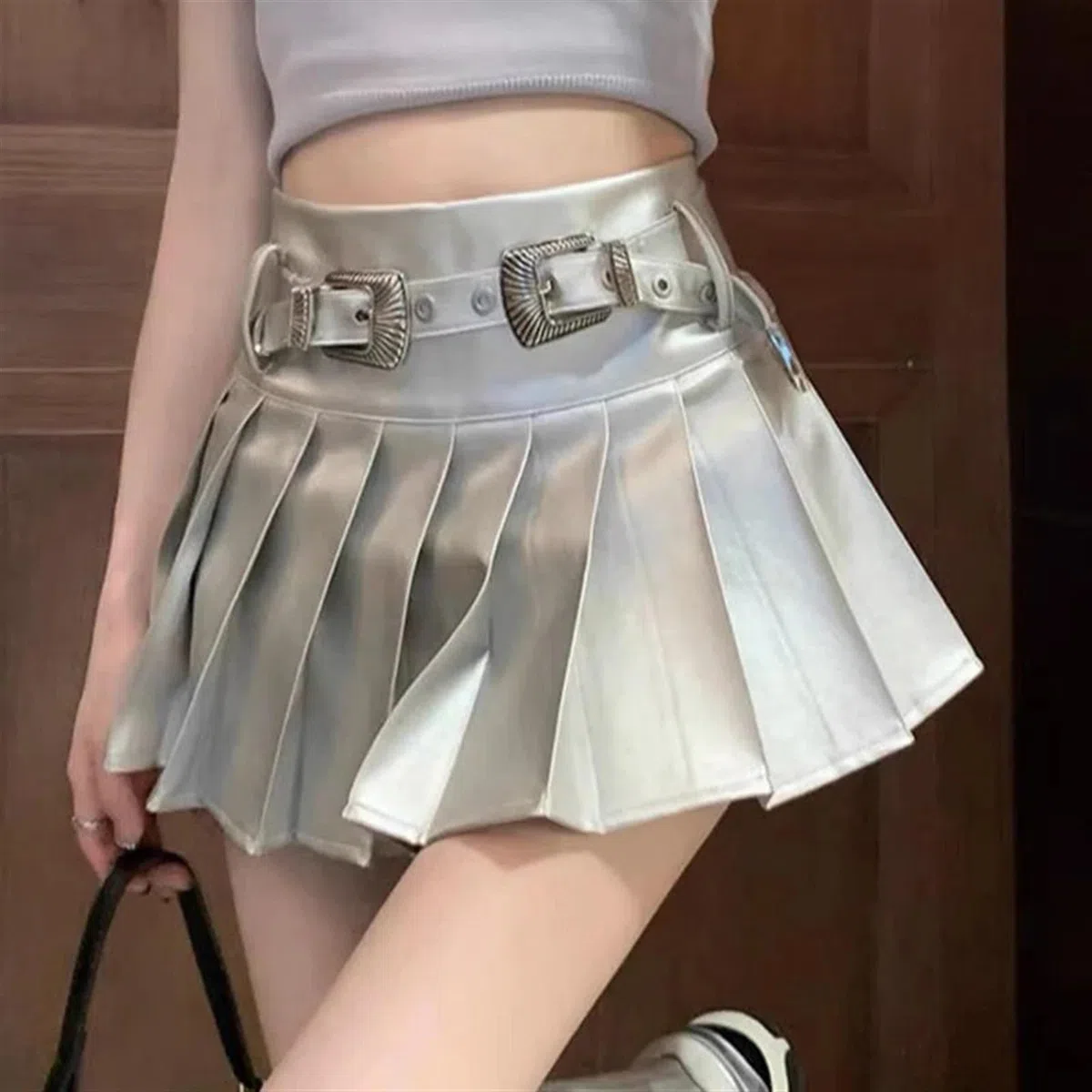 Falda Plisada Mujer Faldas Plisadas Plateadas de Cuero sintético for Mujer, minifaldas de Cintura Alta con cinturón, de Verano, de Corte A(Silver with Belt,S)