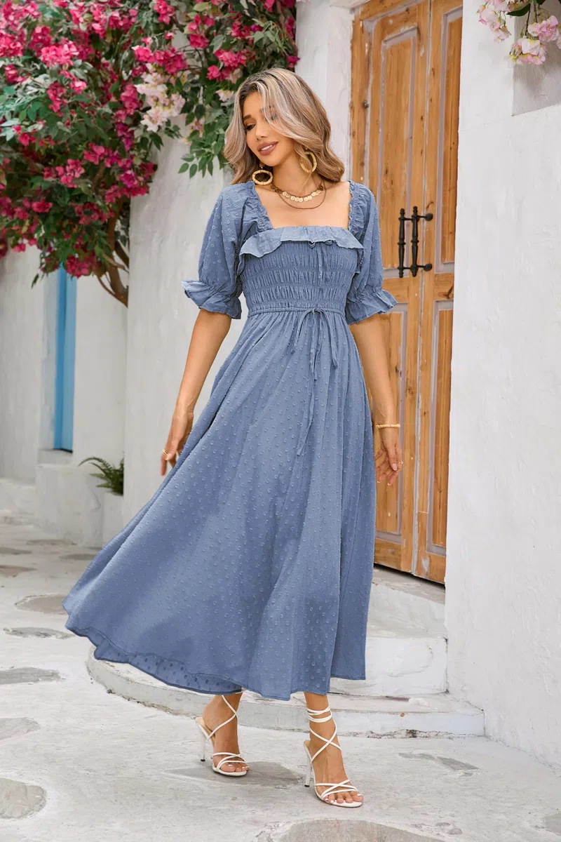 R.Vivimos Mujer Casual Polka Dot Print Slim Fit Media Manga Vestidos Cuello Cuadrado Largo Vestido Midi