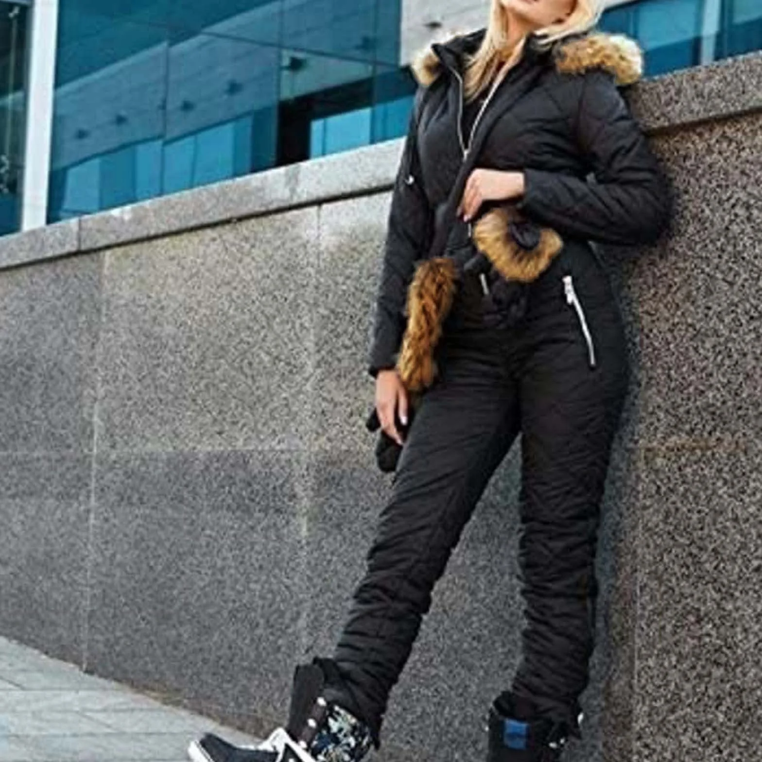 Mono de nieve para mujer - Traje de esquí para mujer, 3 piezas, mono de esquí de una pieza, conjunto de esquí con guantes de esquí, bolsa para cinturón, invierno cálido