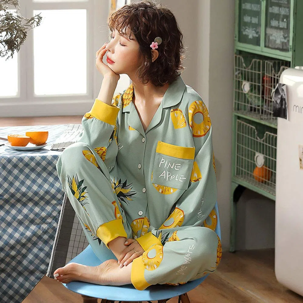 Conjunto De Pijamas De Mujer,Conjunto De Pijama De Manga Larga Algodón Estampado De Piña Lindo Botones Ropa De Dormir Tops & Bottom Pjs Set Nightwear Loungewear Para Todas Las Estaciones, Verde, 3Xl