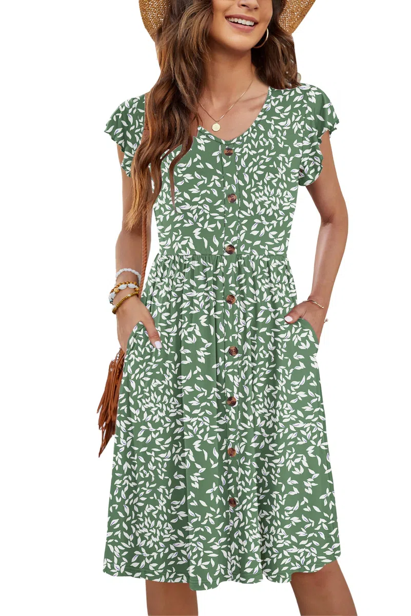 MOLERANI Ropa De Verano Femenina Manga Lateral De Volantes Cuello V Balanceo Casual Cintura Elástica Bolsillo Vestido De Midi S-2XL