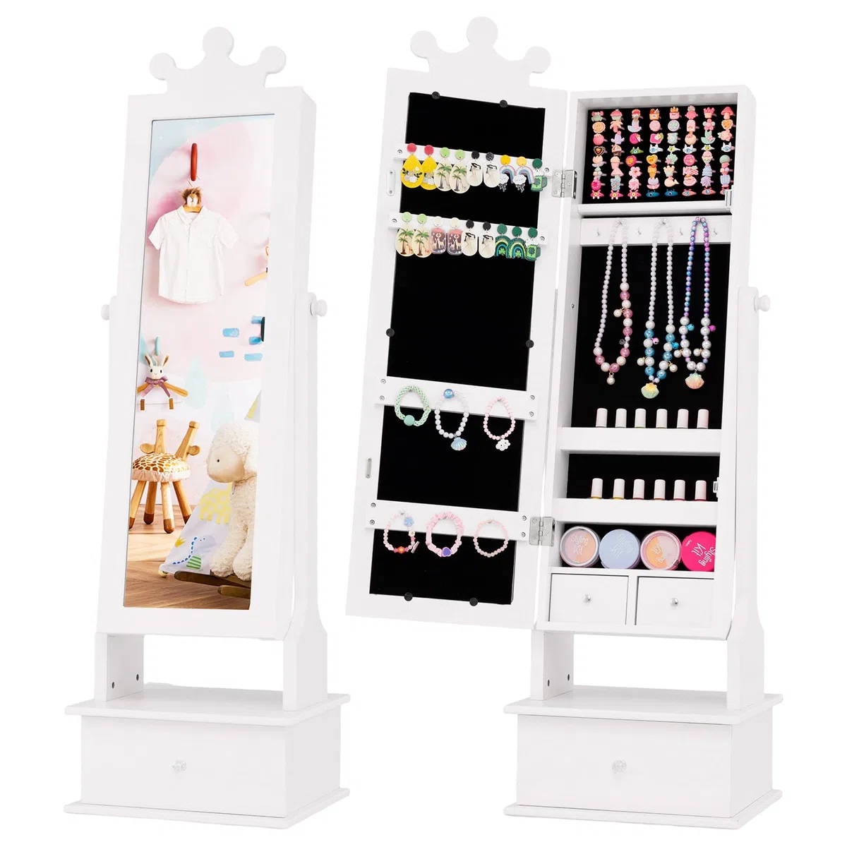 COSTWAY Armario de Joyería para Niños con Espejo y 3 Cajones, 2 Ángulos de Inclinación Ajustables y Sistema Antivuelco, Espejo Vestidor con Forma de Corona para Niños de 3+ Años (Blanco)