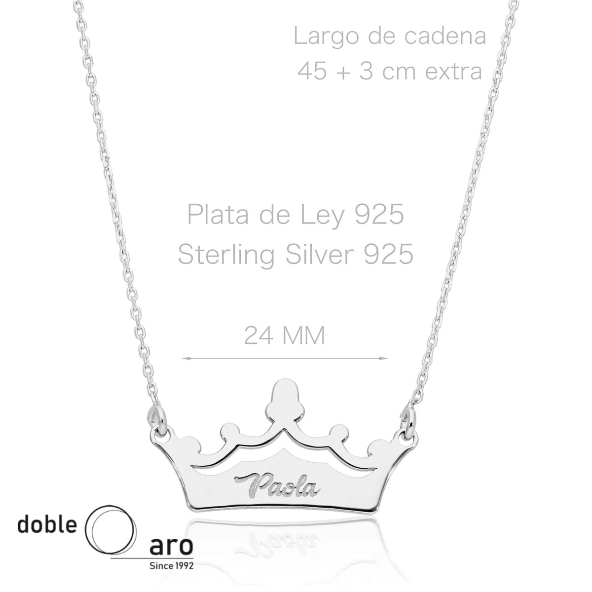 Colgante Corona Personalizado - Plata de Ley 925/1000 para Mujer o Niña con Cadena Forzada en 45cm + 3cm de Alargador – Collar Crown Artesanal (Plata de Ley)