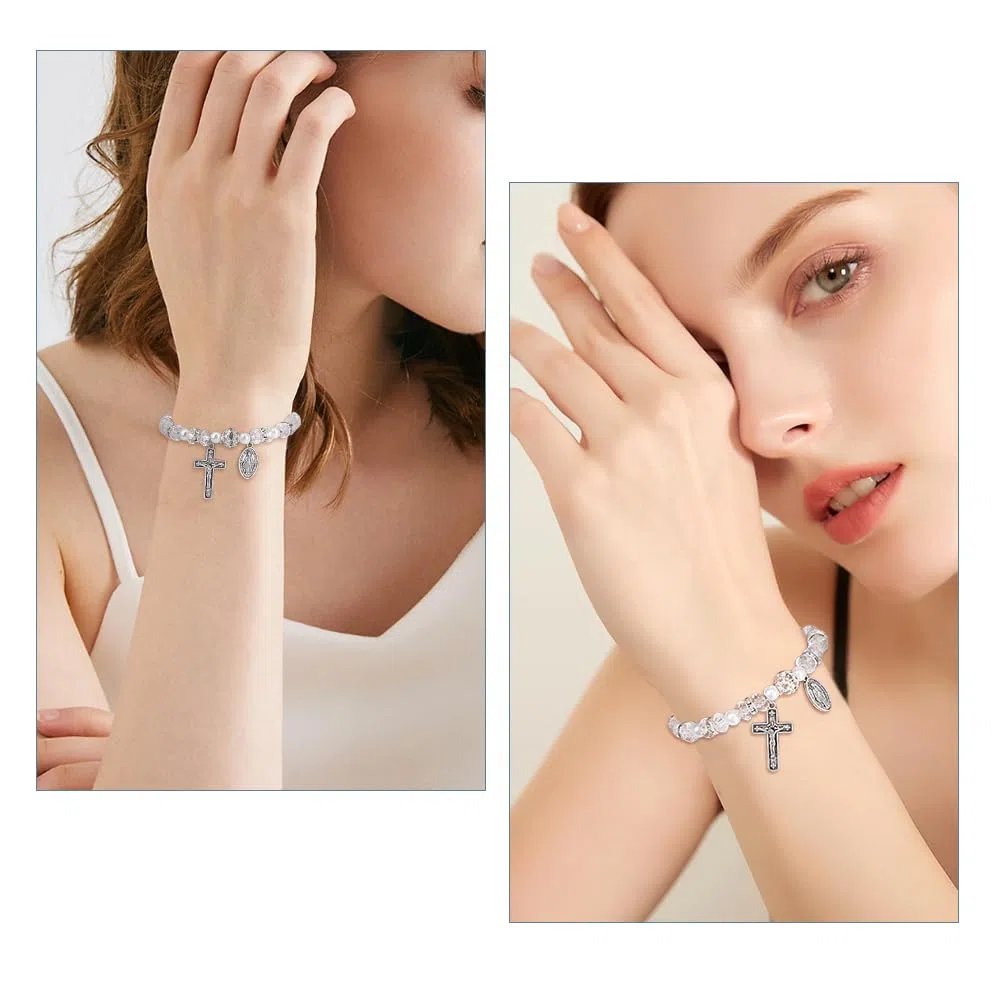 Pulsera de rosario elástica con cuentas y bolsas de malla, para bautizo, comunión, pulseras católicas con crucifijo para mujer