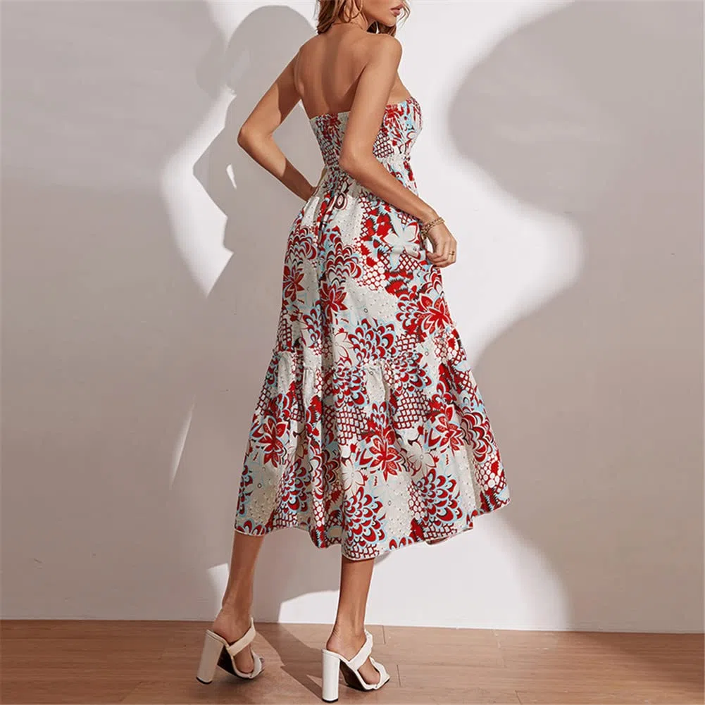 Vsadsau Vestido largo de verano para mujer, ajustado, sin mangas, estampado floral, vestido midi para fiesta de playa