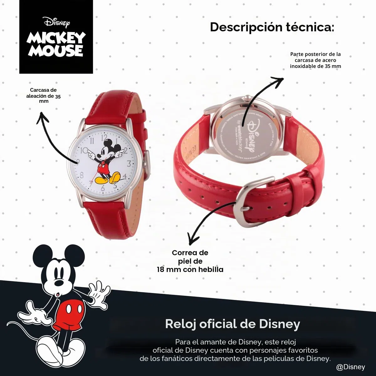 Disney Mickey Mouse - Reloj analógico de cuarzo con correa de piel y manecillas articuladas para adultos