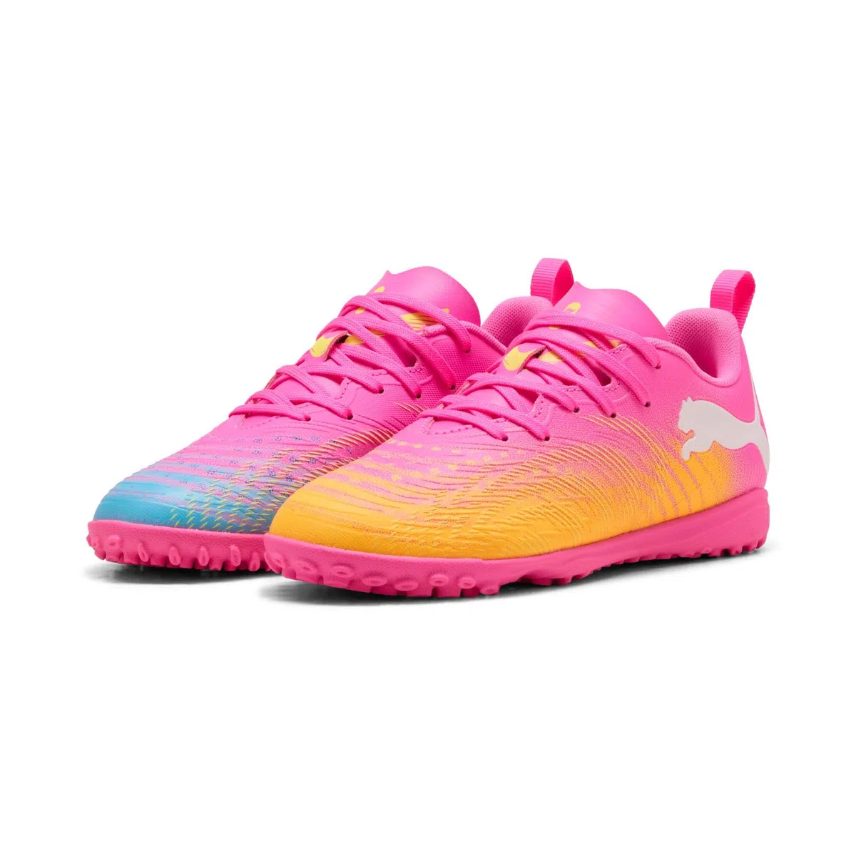 PUMA Future 9 Play TT JR - Tenis de fútbol, Color Rosa venenoso, Color Rosa y Blanco Aguamarina Brillante, Talla 1 de Reino Unido, Poison Pink Sun Stream Bright Aqua Puma White, 33 EU