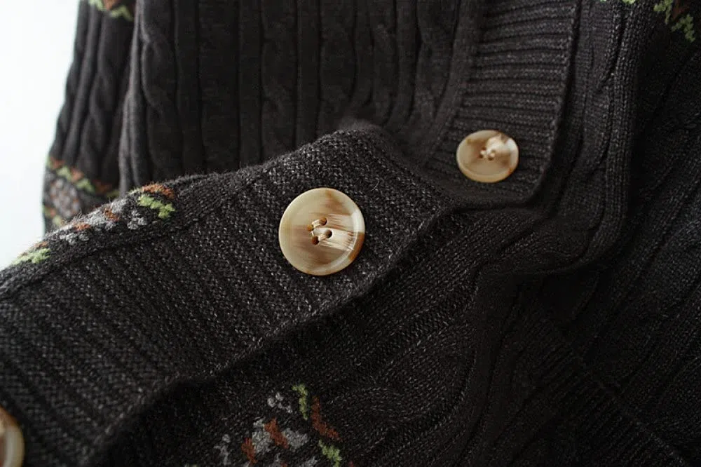 EIBA Chaqueta Mujer,Cárdigans De Punto para Mujer Vintage Étnico De Talla Grande Albaricoque Botón De Jacquard con Cable Suéteres Delanteros Abiertos Cárdigan con Bolsillo Otoño Invierno Abrigo De