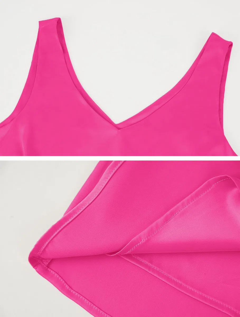 SimpleFun Blusa de satén para mujer, elegante, informal, cuello en V, para verano, sin mangas, de seda