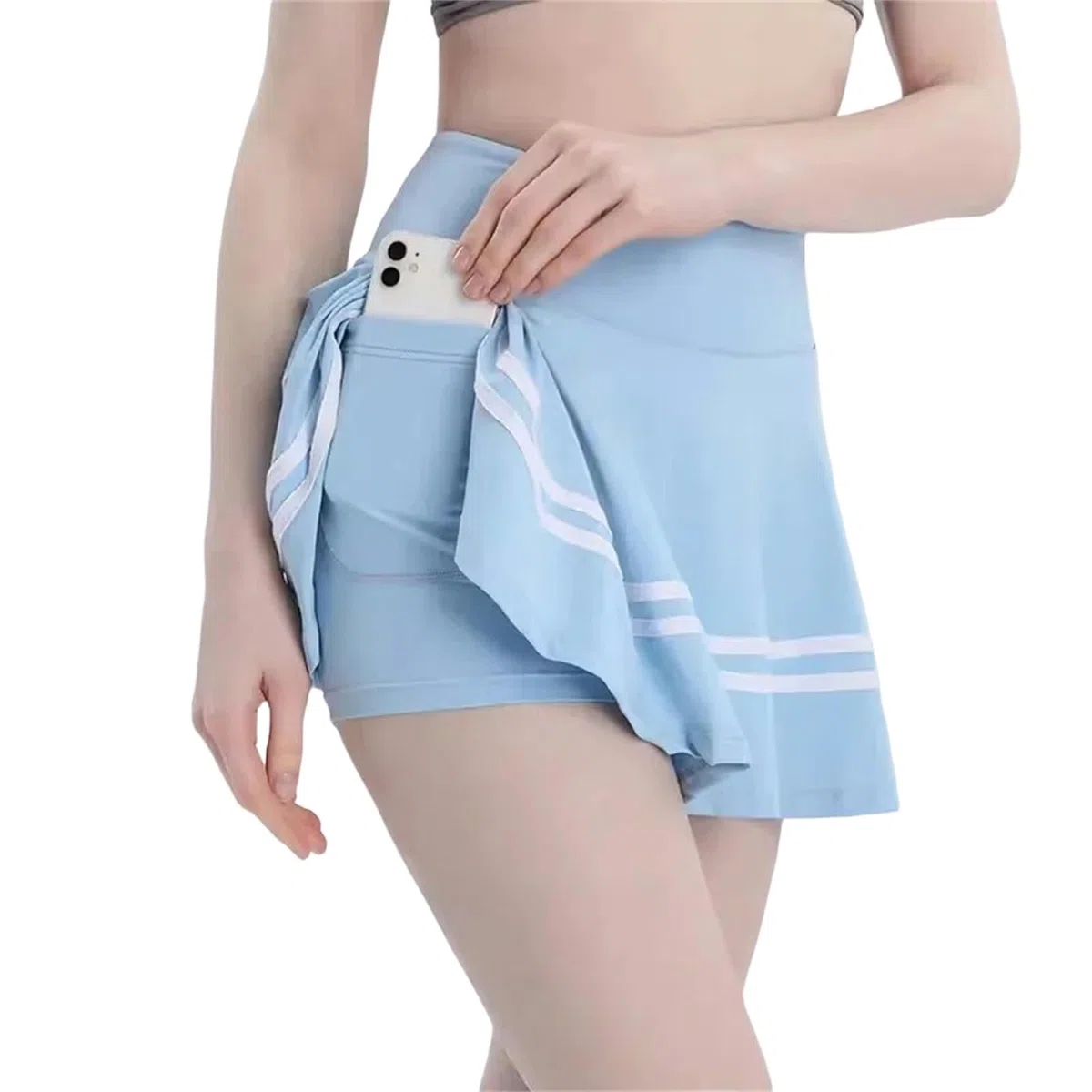 Falda Pantalones Cortos Deportivos De Verano Femeninos con Bolsas Laterales Incorporadas Y Faldas De Tenis Falsas De 2 Piezas De Cintura Alta-Negro-l