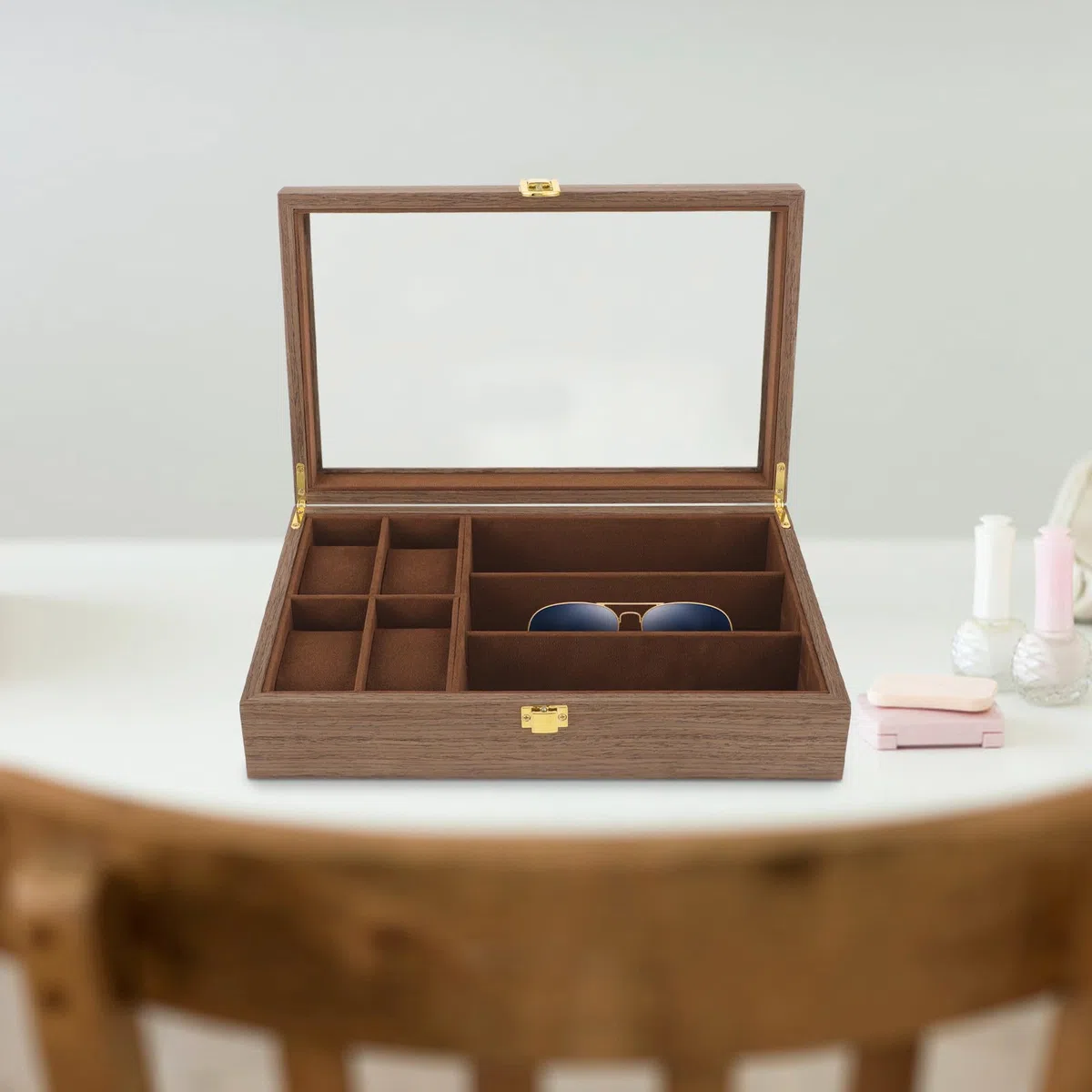 Gatuida Caja para Relojes y Gafas de Madera Marrón Gran Capacidad, Diseño Multi-rejilla, Tapa Incluida, Adecuado para Viajar y Organizar Joyas