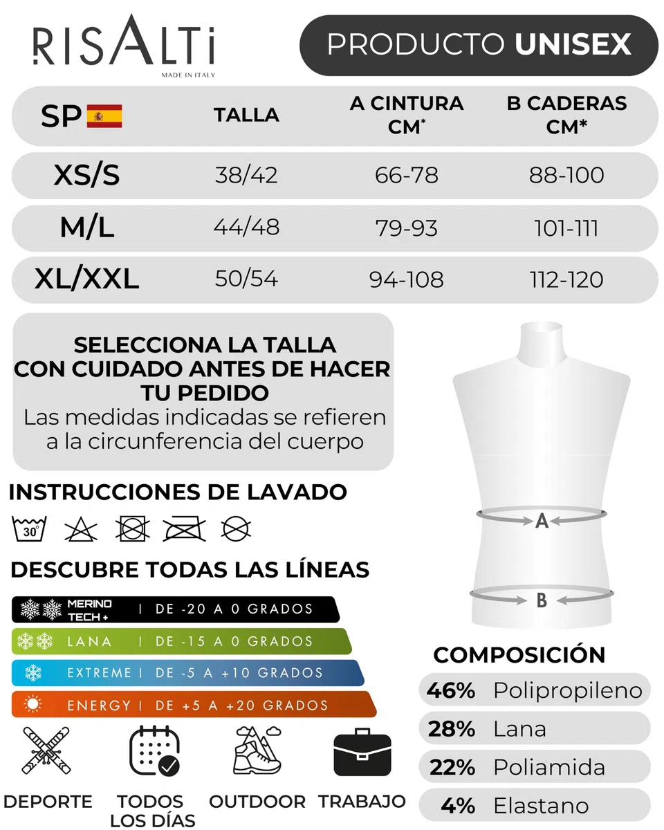 Risalti Ropa Termica Hombre Mujer Lana Merino – Conjunto Térmico Camiseta y Mallas Unisex con Cuello De Regalo, Ropa Interior Térmica Seamless Transpirable y Termorreguladora – Made in Italy