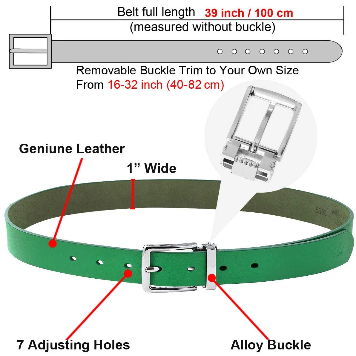 Falari Kids Leather Belts for Boys All Occasion 1" Trim to Fit - One Piece Leather Cutting 5002-Kelly Green