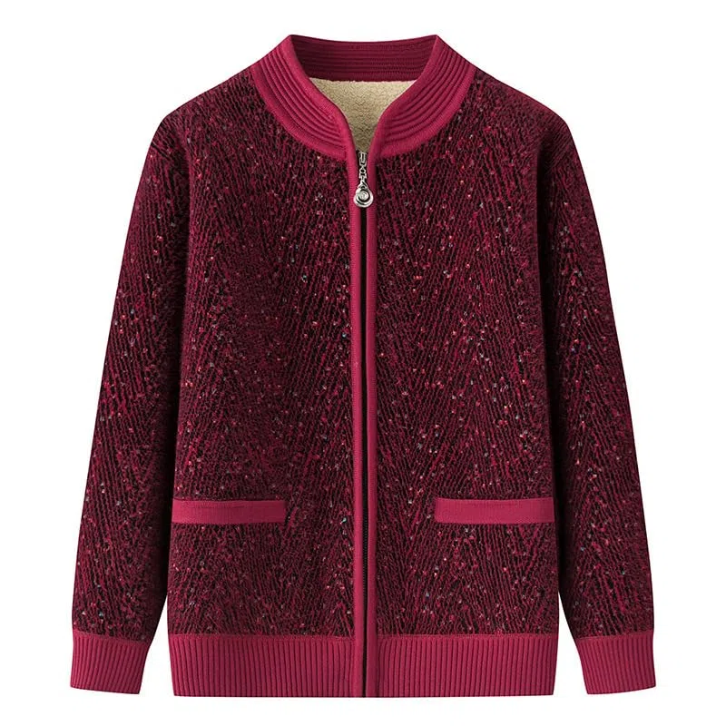 Cárdigans de Punto para Mujeres de Mediana Edad Y Mayores Cárdigans con Cremallera Completa Y Forro Polar Sudaderas A Rayas Abrigos de Invierno Chaquetas de Punto Gruesas de Sherpa para Uso Diario.