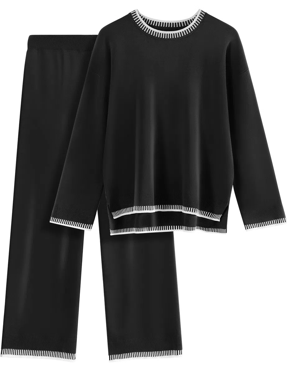 TOMEEK Conjunto Punto Mujer Dos Piezas Casual Chandal Completo Mangas Largas Tejido y Pantalones Suelto Cómodo Moda Conjunto De Pijama Salón Deportivo Color Sólido