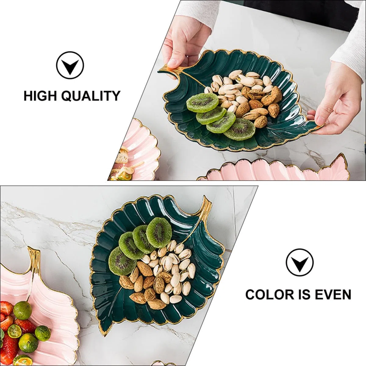 Bandeja Decorativa Diseño de Hoja de Cerámica Verde Borde Dorado para Joyas y Postres, Adecuada para Escritorio y Ambientación del Hogar