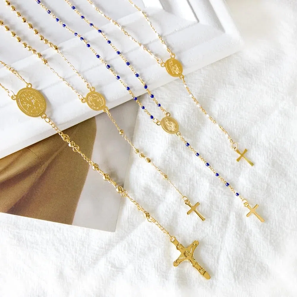 Collar de rosario religioso de plata de ley 925 para mujeres y hombres - Rosarios católicos escapularios largos Collares con colgante de cuentas para hombre