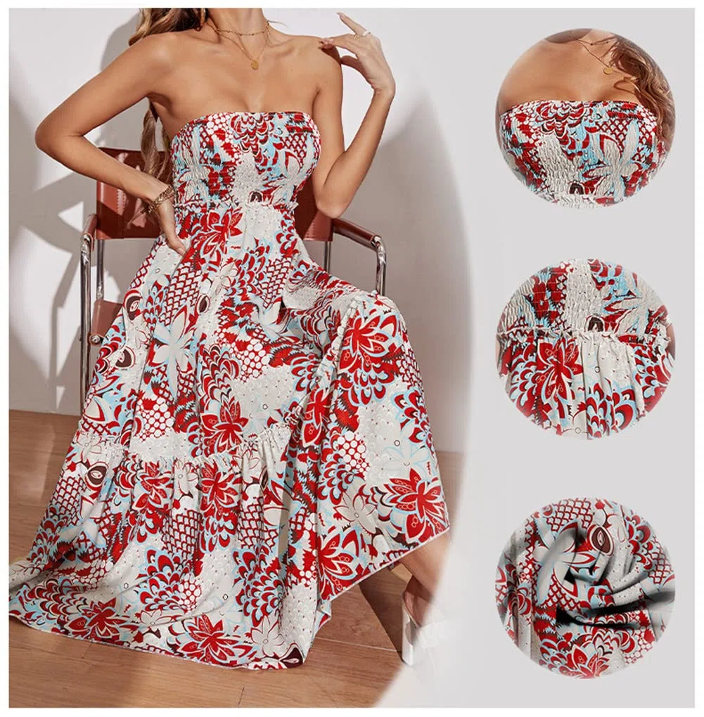 Vsadsau Vestido largo de verano para mujer, ajustado, sin mangas, estampado floral, vestido midi para fiesta de playa